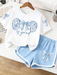 2pcs/Set Tween Girls' Cute Leisure Bow Slogan Prints T-Shirt + Color-Block Shorts Set, Suitable For Spring, Summer Wear, Perfect For Family Outings, Tween Girls Outfit Sets - 淺藍色 - 查看 1