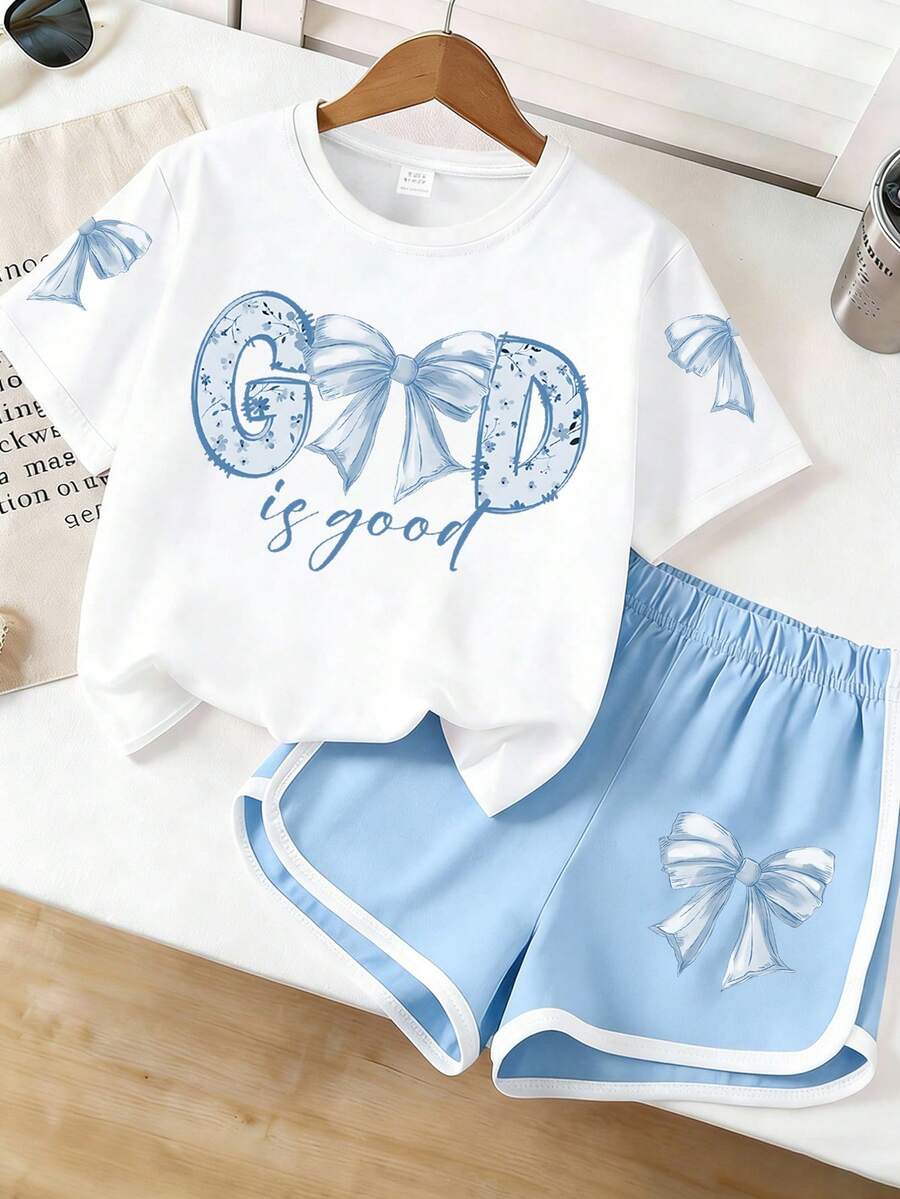 2pcs/Set Tween Girls' Cute Leisure Bow Slogan Prints T-Shirt + Color-Block Shorts Set, Suitable For Spring, Summer Wear, Perfect For Family Outings, Tween Girls Outfit Sets - 淺藍色 - 查看 1
