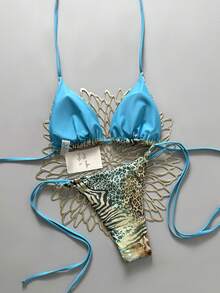 Bikini de 2 piezas con estampado de leopardo vintage sexy para mujeres en vacaciones 2025 - Azul - Ver 3