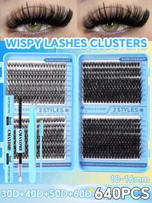 640pcs/Set DIY Eyelash Extension Kit, Eyelash Cluster Set, Curl Degree 10D-100D, Includes Eyelash Glue, Tweezers And Eyelash Brush. Suitable For Home Use. Comes With Eyelash Cluster Manual (4 Mixed Styles). Essential For Christmas Travel. - 彩色 - 查看 16