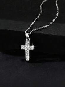 1件经典宗教风格全锆石十字架吊坠项链，简约奢华嘻哈男女通用款，适合节日、度假、旅行和日常佩戴 - 彩色 - 查看 4