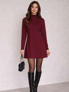 Premium Suedine Short Dress With High Ribbed Neck And Long Sleeves, Simple Fitted A-Line Style, Solid Color, Elegant, Autumn/Winter Fashion. - Redwood - View 1