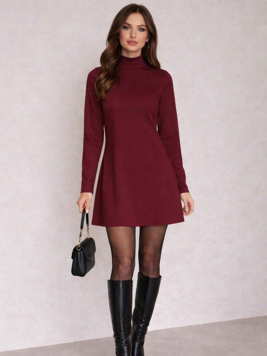 Premium Suedine Short Dress With High Ribbed Neck And Long Sleeves, Simple Fitted A-Line Style, Solid Color, Elegant, Autumn/Winter Fashion. - Redwood - View 1