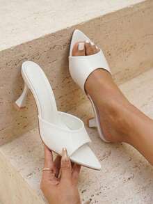 Giày sandal cao gót mũi nhọn màu trắng thời trang mùa hè dành cho nữ, kiểu dáng slip-on, hở mũi, gót thấp, phù hợp cho mặc hàng ngày, dự tiệc, hẹn hò, đi làm và các dịp khác. - trắng - Xem 2