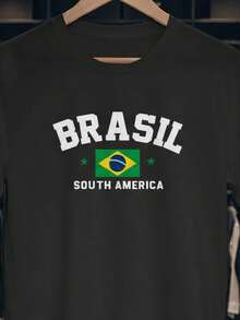 Stylish Sports T-Shirt For Fans Of The World Cup, National Football Team, Brazil, South America, Short Sleeve, Men's/Women's, 100% Cotton, Casual, Crew Neck - 黑色 - 查看 2