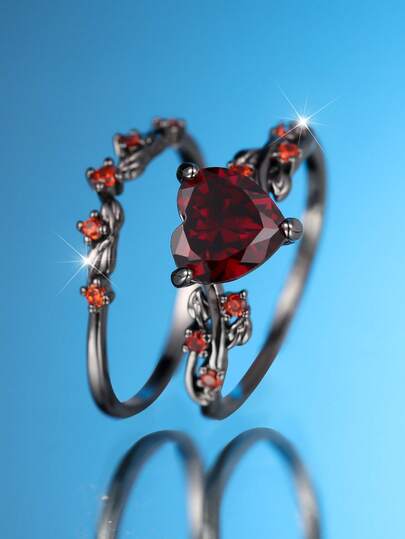 Bộ 2 chiếc nhẫn hình trái tim màu cam đính đá Zirconia kiểu cổ điển, mạ đen, thích hợp làm quà tặng Ngày của Mẹ, dự tiệc, đeo hàng ngày và mọi mùa.