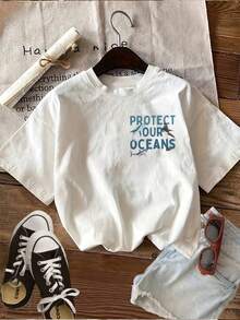 Men's T-Shirts, Summer Tops. Women's Casual Summer Top With Double-Sided Print, Watercolor Style, Whale And Shark Print. - White - View 3
