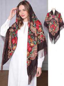 1pc Bohemian Vintage Printed Polyester Large Square Scarf With Tassels, Versatile Scarf Shawl For All Seasons - Multicolor - View 1