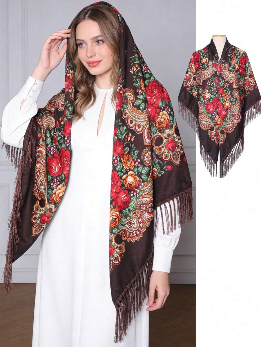 1pc Bohemian Vintage Printed Polyester Large Square Scarf With Tassels, Versatile Scarf Shawl For All Seasons - Multicolor - View 1