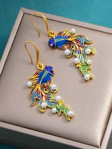 1 par de pendientes elegantes vintage con colgante de pez koi, decorados con perlas falsas, accesorio llamativo para fiestas, regalo de joyería con estilo chino - arete - Ver 2