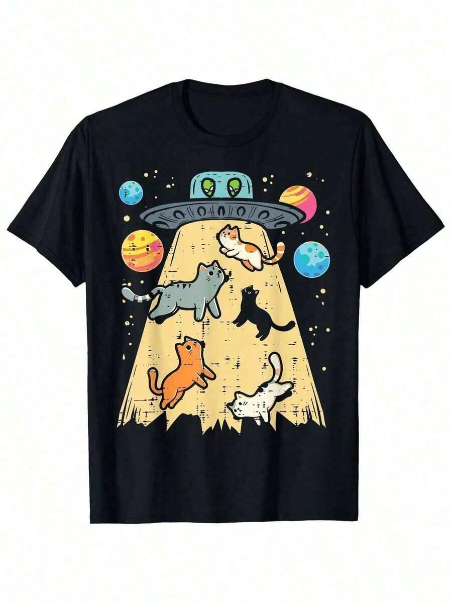 Alien Cats UFO Flying Saucer Space Women Girls Boy Girl T-Shirt, Space Galaxy Art Crew Neck Short Sleeve, Gift For Men Women Dad Mom Friends, S-XXXL, Black, Perfect For Outdoor Activities Daily Use - 黑色 - 查看 1