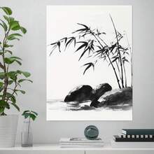Cuadro 2D Plano, Moderno y Minimalista de Pintura China a Tinta en Blanco y Negro - Estilo de Caligrafía Asiática Tradicional Negro y Rocas, Marco de Madera Envuelto, Paleta Neutra para Sala de Estar, Dormitorio, Decoración de Oficina en Casa - Elegante Póster Listo para Colgar, Decoración de Pared para Sala de Estar, Arte de Pared Grande con Marco, Decoración y Accesorios para Sala de Estar, Decoración de Arte de Pared para Sala de Estar, Cuadro para Pared de Sala de Estar, Arte de Pared con - Enmarcado - Ver 2
