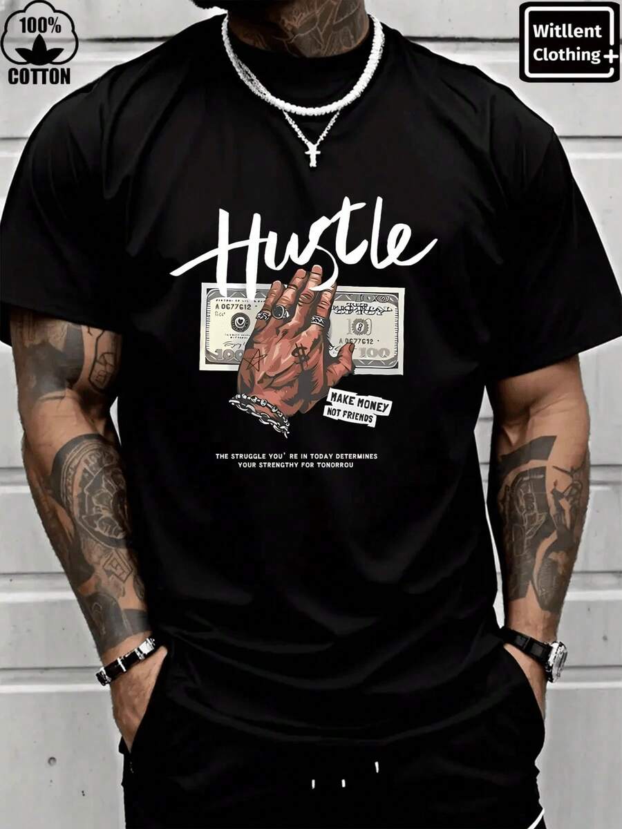 Cute Premium Unisex Casual T-Shirts, Men's 100% Cotton T-Shirt With 'Hustle' Calligraphy Slogan, 220g Thick Cotton T-Shirt For Men, Ideal For Christmas (1 Piece) - 黑色 - 查看 1