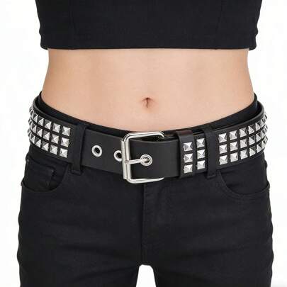 1pc European And American Square Rivet Studded Belt, Metal Pyramid Punk Style Jeans Belt, Unisex Casual Commuter Accessory
