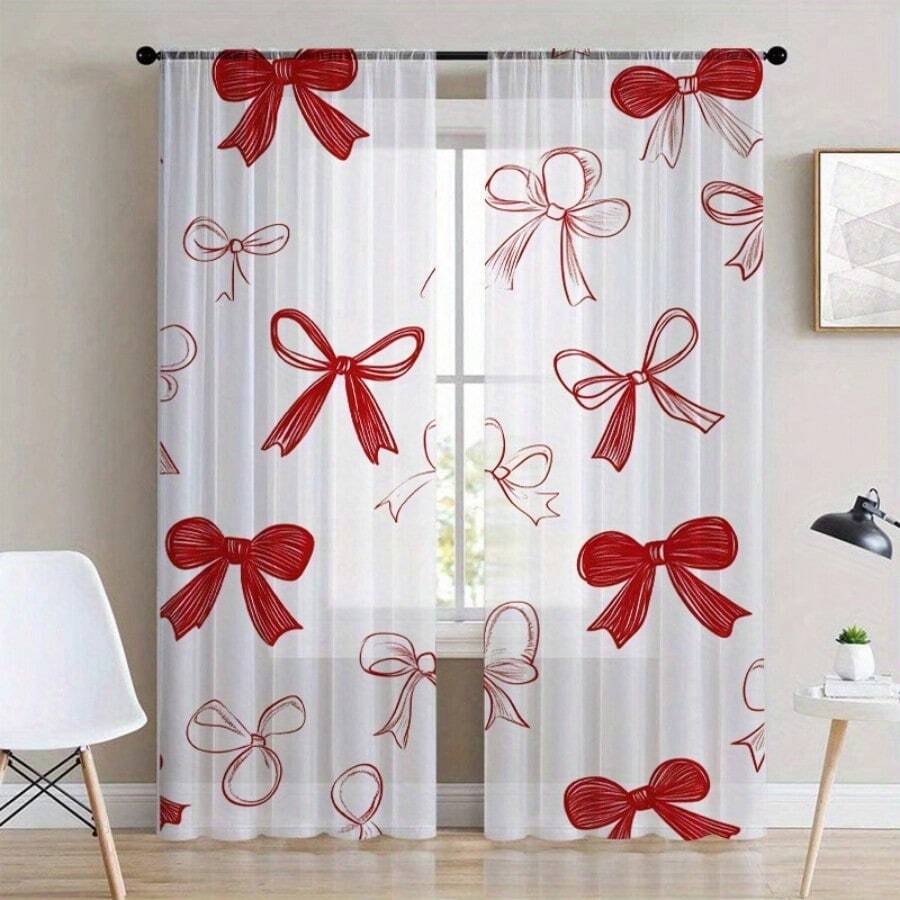 2pcs Hand-Painted Red Bow Tulle Curtains, Sweet And Romantic Style, 2D Flat Print, Suitable For Bedrooms, Living Rooms And Dining Rooms. - Multicolor - View 1