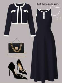 Plus Size Women Elegant 2-Piece Set, Colorblock Trim Button Cardigan Paired With Solid Color Maxi Dress, Suitable From Spring To Summer - Royal Blue - View 1