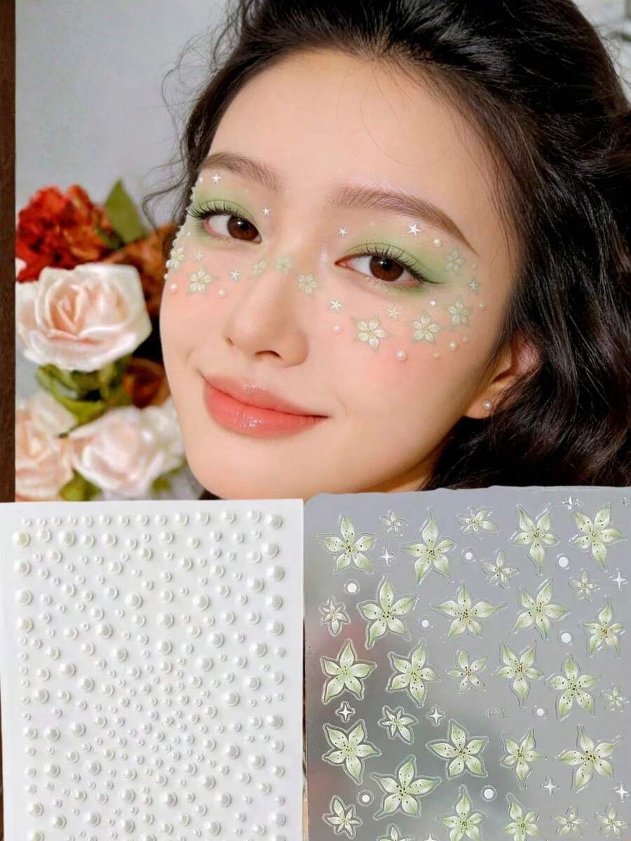1片清新绿色花卉珍珠脸部装饰贴纸,舞台妆眼部妆容点缀贴纸,自然灵感妆容贴纸,饰有珍珠星星,适合约会、派对妆容、演唱会妆容,面部宝石装饰 - 彩色 - 查看 1