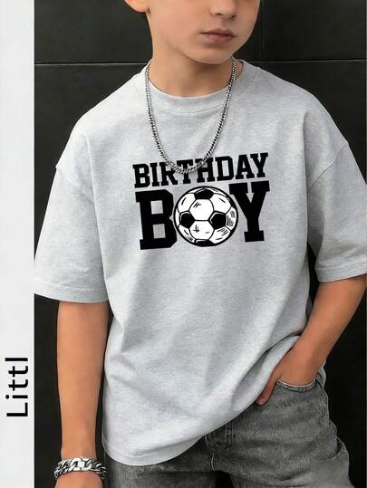 生日男孩足球图案印花男童浅灰色宽松圆领生日派对休闲夏季短袖T恤