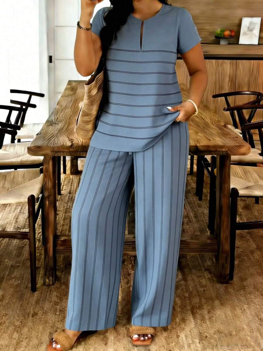 Thin Stripe Print Women's Keyhole Neck Short Sleeve And Long Pants Set, Polyester Fabric, Lightweight And Breathable, Women's Clothing, Regular Women's Clothing, Women's Suits, Plus Size Women's Clothing, Plus Size Two-Piece Set - 彩色 - 查看 1