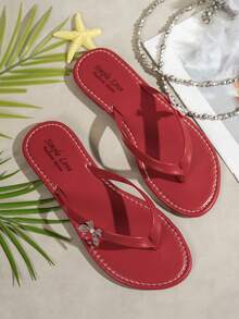 Women's Summer Flip Flops, Butterfly Flower Rhinestone & Pearl Decor, Round Toe Minimalist Design, Lightweight & Fashionable, Suitable For Outdoor, Party, Vacation, Comfortable Flat Beach Sandals - Red - View 6