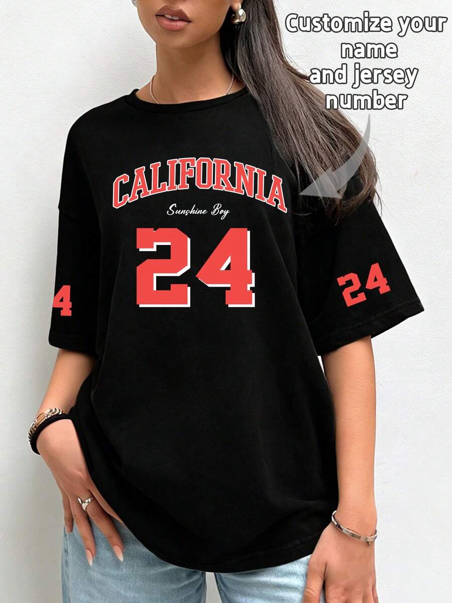 客製化女款寬鬆T恤,可客製數位LOGO、姓名/文字/幸運數字,黑色上衣,女款大尺寸短袖T恤,假日禮物,春夏,女士上衣,閨蜜禮物,週年禮物,派對,籃球球衣,生日禮物,情人節,派對 - 黑色 - 查看 1