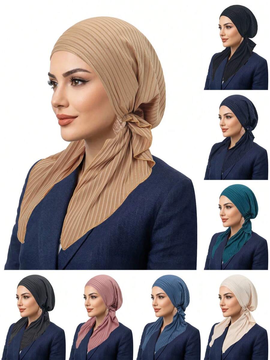 1pc Fashion Striped Rhinestone Headscarf Cap, Muslim Women Versatile Curved Turban Hat - Solid Color - View 1