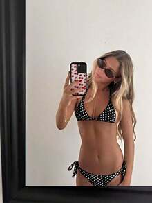Women's Polka Dot Halter Bikini Set, Cute Tie-Side Swim Bottoms, Medium Stretch Fabric, Perfect For Beach Vacation Summer - 黑白 - 查看 2