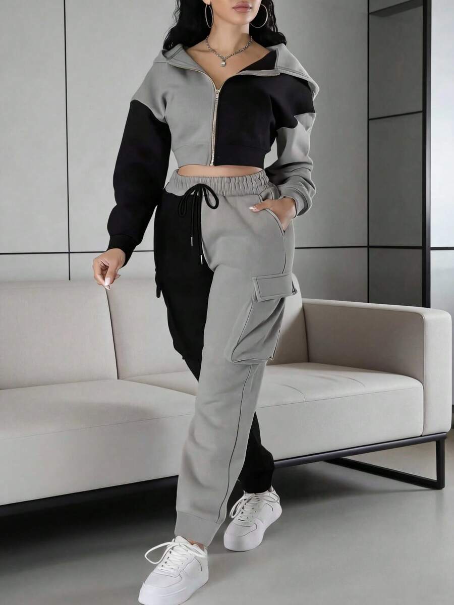 2pcs Women's Sporty Outfit: Colorblock Short Hoodie And Cargo Sweatpants Set, Thermal Lined For Fall/Winter Casual - Multicolor - View 1