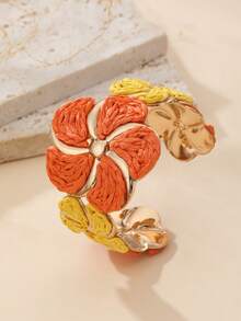 1 pieza Brazalete de flores de ratán estilo vacaciones, brazalete de flores de metal de color contrastante, accesorio de nicho para vacaciones en la playa, fiesta de verano, reunión con amigos, uso diario, estilo retro - Naranja - Ver 3