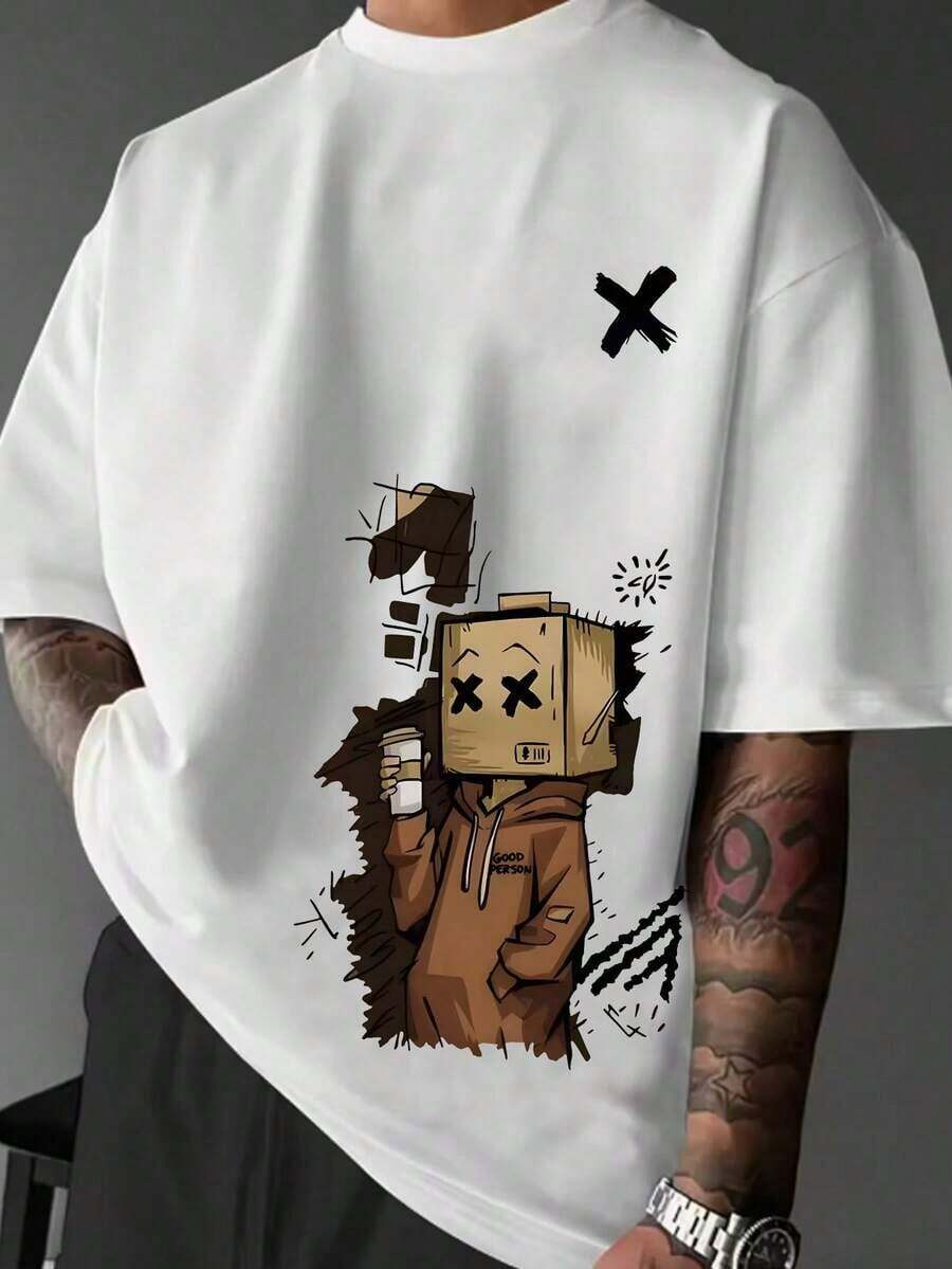 Compatible With The Manfinity Dauomo Men's Cartoon Print Crew Neck Short Sleeve T-Shirt, For Summer. - White - View 1