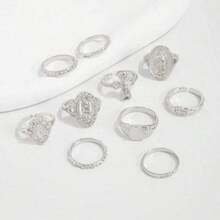 10pcs/Set Fashionable Punk Ins Style Cross & Virgin Mary Rhinestone Knuckle Rings, Versatile For Daily, Party, Street Wear - 銀色 - 查看 2