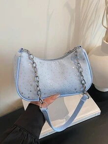 Spring Fashion Women's Chain Shoulder Bag, Star Pattern Zipper Closure Crescent Underarm Bag, Suitable For Daily Wear - Blue - View 7