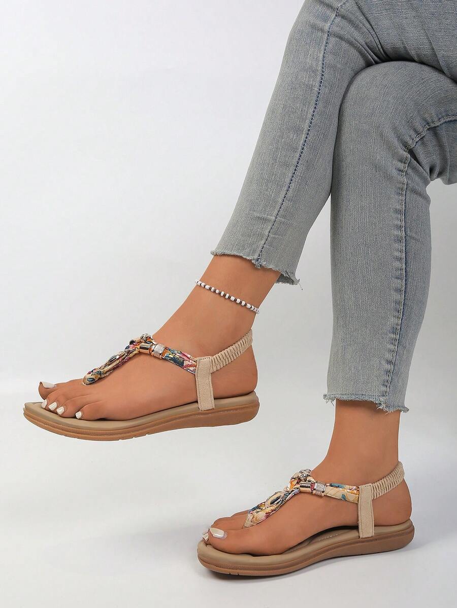 Women's Bohemian Style Floral Pattern Rhinestone Decor T-Strap Flat Sandals, Elastic Back Summer Beach Shoes - Beige - View 1