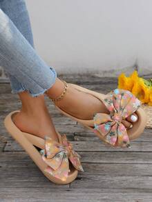 New Summer Women's Slip-On Sandals, Featuring Small Floral Bows And Soft Sole. Comfortable, Casual, Silent EVA Material Flip-Flops. Suitable For Beach, Seaside, Vacation And Travel. Can Be Worn Indoors And Outdoors. Available In Large Size. - 卡其(小碎花) - 查看 5