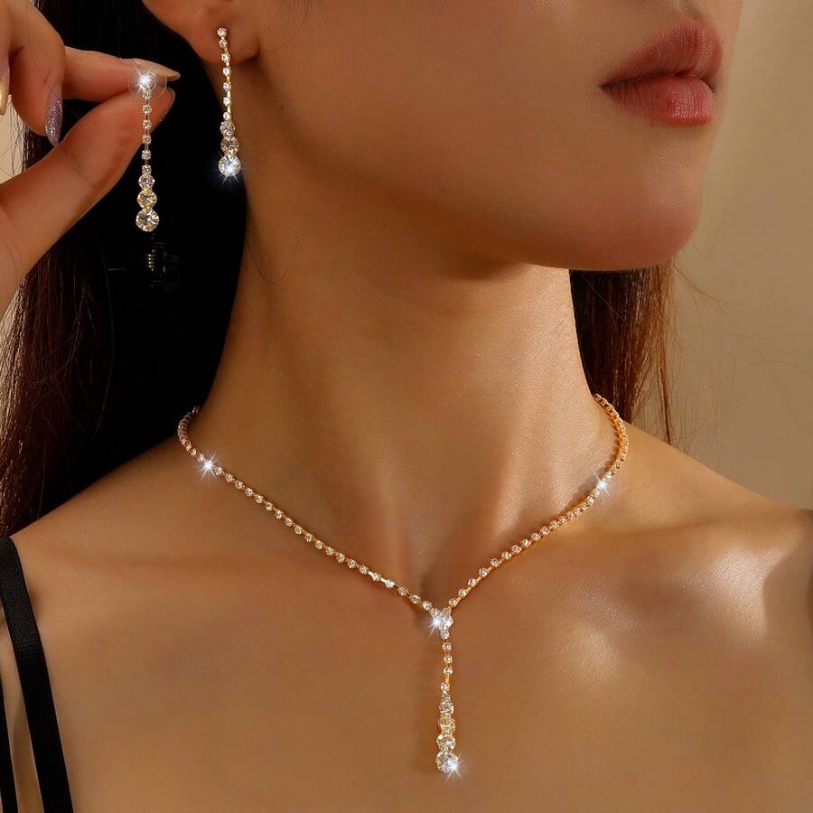 3pcs Minimalist Rhinestone Jewelry Set, Including Earrings And Necklace, Wedding Accessories, Silver-Plated,Summer,Jewellery,Festival,Accessories - Gold - View 1