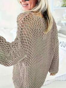 Áo len chui đầu dáng rộng khoét lỗ dành cho nữ, thích hợp cho kỳ nghỉ hè. - Màu be - Xem 3