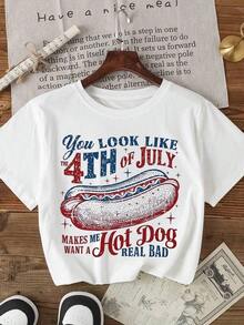 Diseño Casual de Verano con Temática Vacacional: Camiseta Blanca con Gráfico de Hot Dog, que Aporta un Toque de Espíritu Vacacional - Estilo Urbano Vintage, Unisex, de Algodón, Manga Corta, Cuello Redondo, Camisetas para Mujer. blusas.blusas casuales para dama. - Blanco - Ver 1