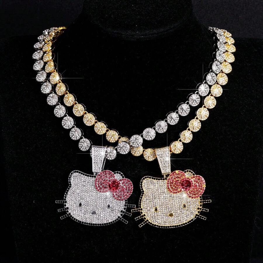 SANRIO 1件卡通闪亮镶钻嘻哈酷炫立体吊坠项链首饰，可爱猫咪时尚链项链礼物 - 彩色 - 查看 1
