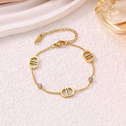 奢华小众设计水钻字母CD首饰套装，不锈钢优雅女士手链