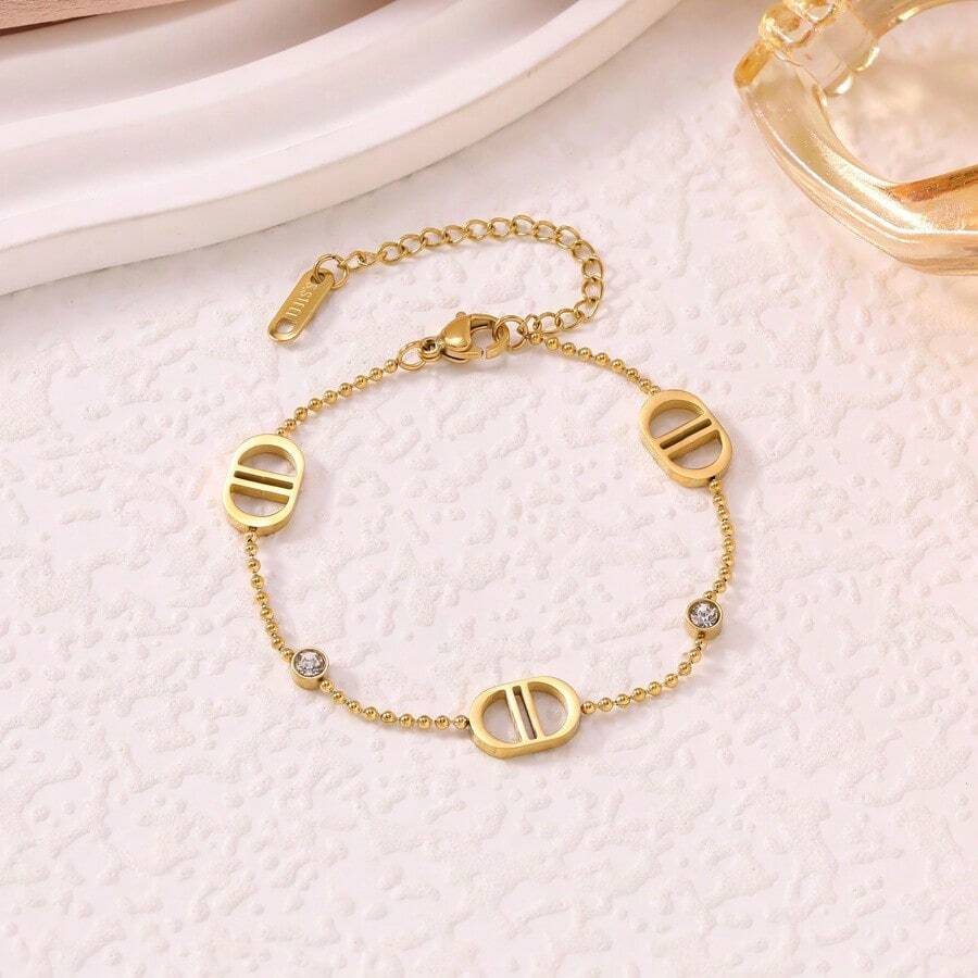 奢华小众设计水钻字母CD首饰套装，不锈钢优雅女士手链 - 幾何鑲鑽手鍊 - 查看 1