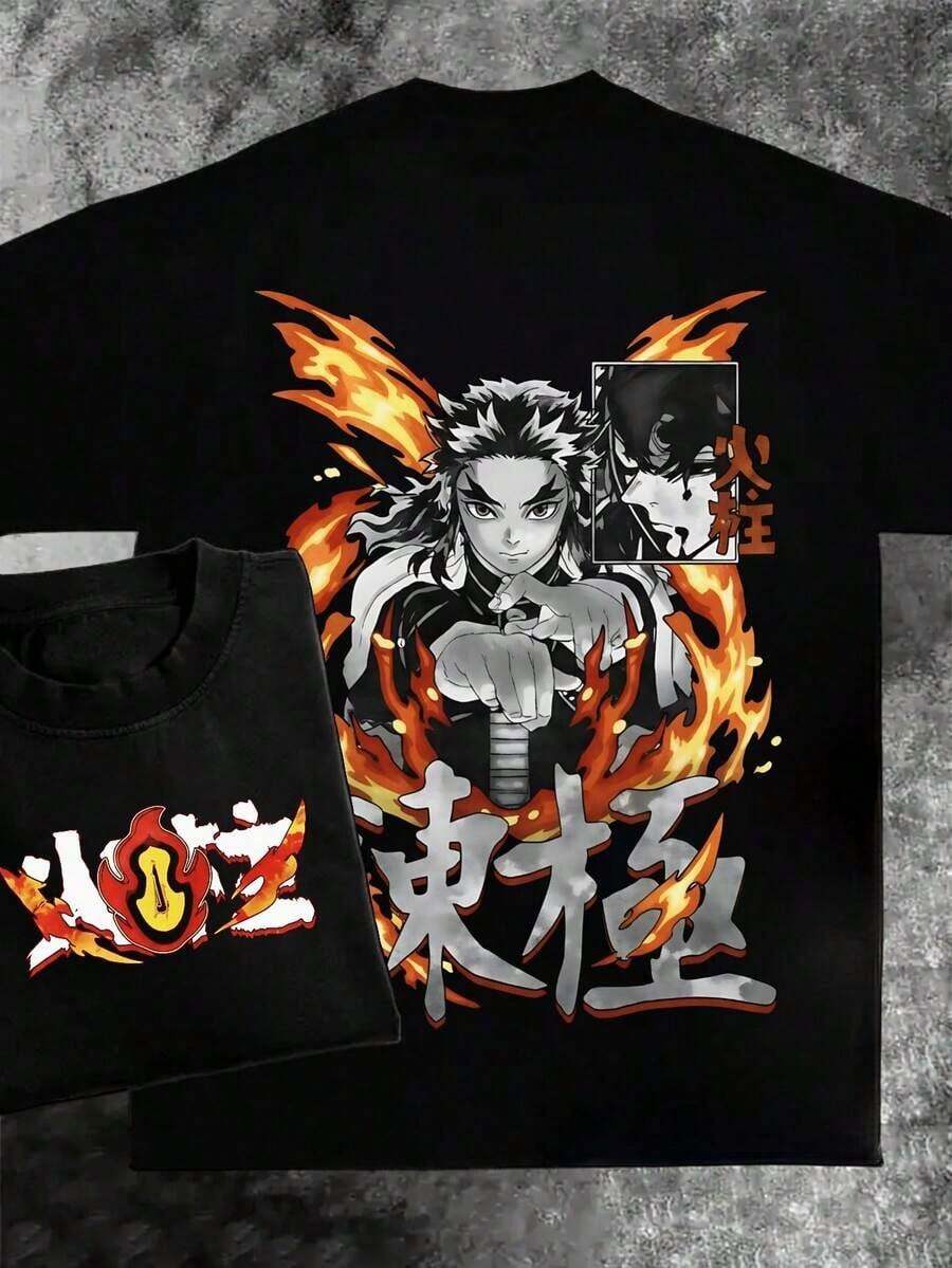 Cotton Women's Anime-Shirt With Bold Flame Design Otaku Fans Geek Style Fashion Statement  Streetwear Casual Wear Cool Graphic Tee Anime Lovers Unique And Stylish Groove Inspired Look2026,Summer Outfits Women,Graphic Shirts - 黑色 - 查看 1