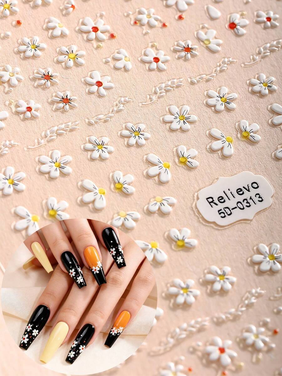 1pc 5D Embossed Spring/Summer White Daisy Nail Stickers, Fresh Sweet Cute Self-Adhesive Nail Decals For Women Home DIY Use. - MultiWarna - View 1