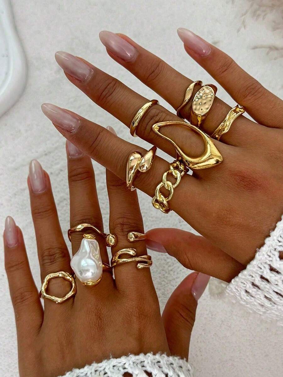 12件/套创意时尚多元素镂空几何液态抽象水滴形开口戒指，复古波西米亚巴洛克风格仿珍珠装饰戒指套装，女士时尚首饰套装，适合日常佩戴、海滩度假和各种派对场合。[部分戒指为开口式但不可调节，请勿用力弯曲，否则会断裂，尺寸已标记] 珍珠颜色随机 - 金色 - 查看 1