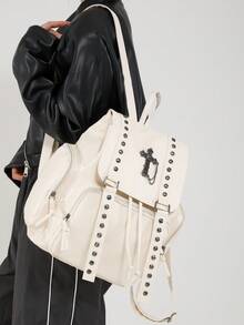 Y2K街头风铆钉翻盖双肩包，女士款；多功能时尚抽绳单肩包；多口袋轻便旅行包；大容量简约学生背包；适合学生、护士、教师、商务人士、旅行、通勤、购物、办公、约会、徒步、训练、工作等各种场合，也是生日礼物和节日礼物的理想之选。 - 彩色 - 查看 4