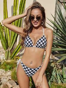 Bộ bikini gợi cảm buộc dây cổ, họa tiết bàn cờ, dành cho nữ, thích hợp mặc đi biển mùa hè. - Đen và trắng - Xem 1