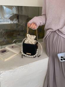 Bolso de mano de acrílico con perlas y cordón ondulado, bolsa de cordón de moda - Negro - Ver 4