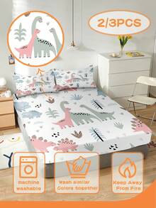 1/2/3PCS Cute Dinosaur Fitted Sheet Set, 1 Fitted Sheet And 1/2 Pillowcases, Cartoon Dino Prehistoric Plant Bedding Set For Kids Boys Girls Bedroom, 100% Polyester, Soft Breathable Non-Slip, Machine Washable, Note: The Cartoon Pattern Position Is Not Fixed - Multicolor - View 4