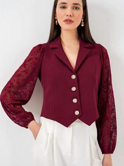 Chaqueta corta casual negra de mujer, diseño de solapa, manga corta, longitud regular, con botones y bolsillos
