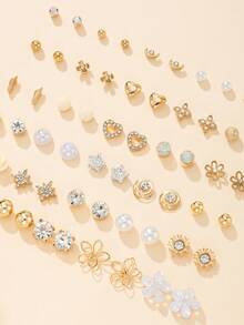 30 Pairs Assorted Flower, Star, Heart Shaped Non-Repeating Earrings Set, Minimalist Fashion Earring Studs Jewelry Gift Set For Women, Suitable For Outdoor, Travel, Casual Wear - Yellow Gold - View 4
