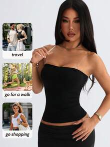 3 piezas de tops de camisola casual sin costuras, con tirantes transparentes invisibles, transpirables para el verano, que levantan el busto y estilizan la cintura - Negro - Ver 3